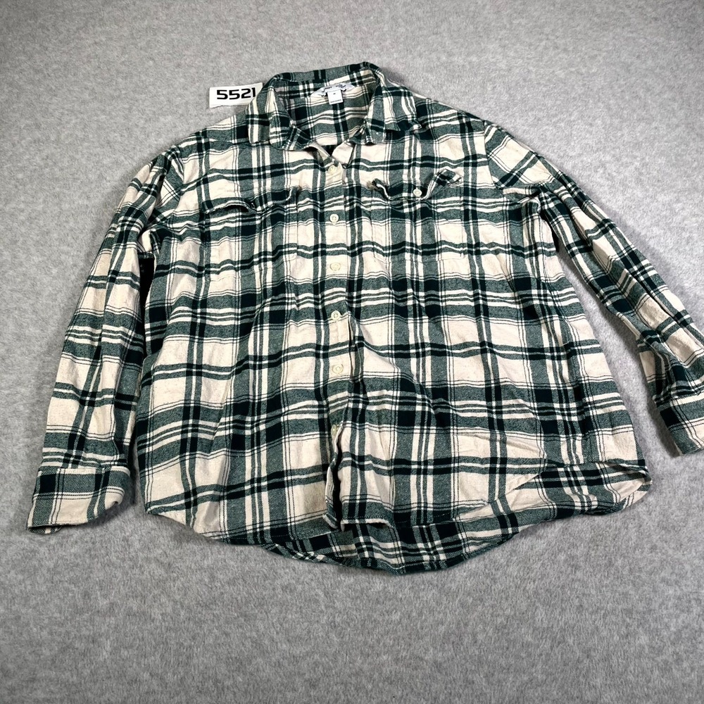 Old Navy The Boyfriend Shirt Womens M Beige Green Plaid Flannel Collar Button UP